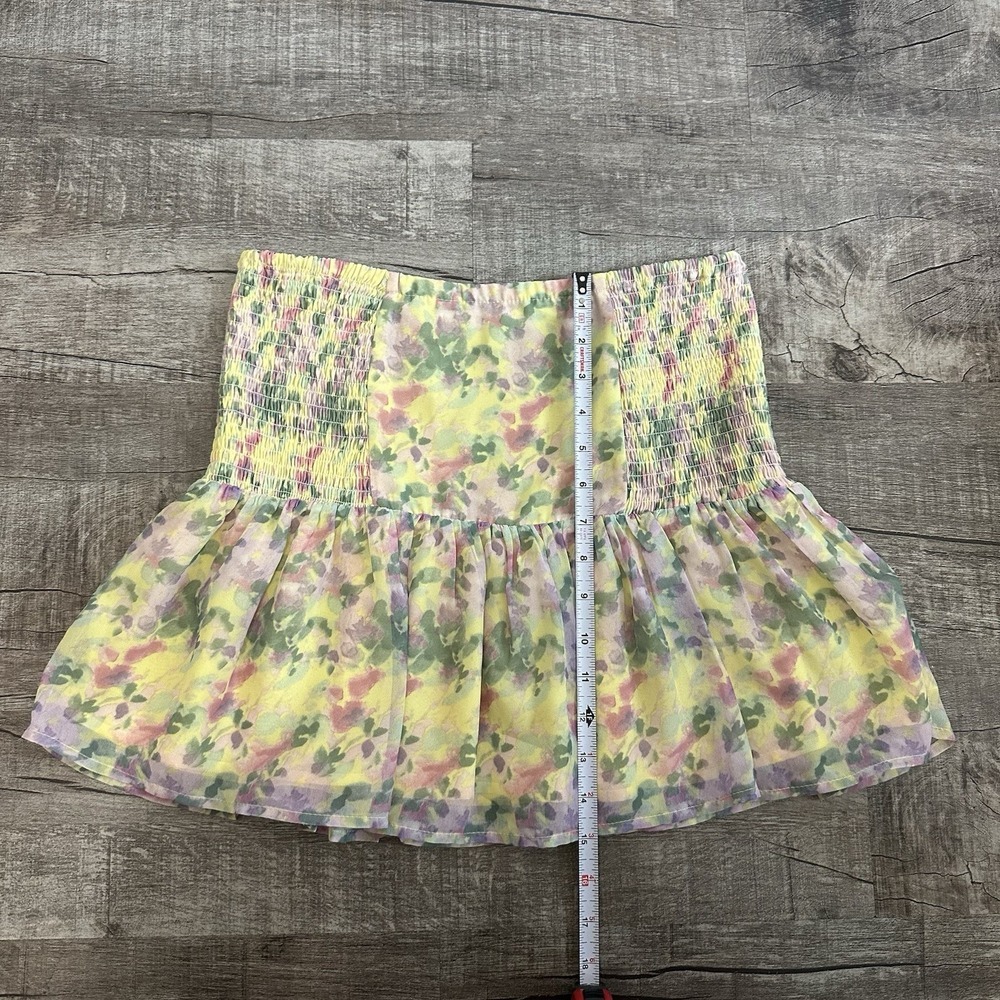 Harper Wren Yellow Floral Smocked Mini Skirt Ruffle Hem Pastel Cottagecore Sz M - Picture 3 of 6